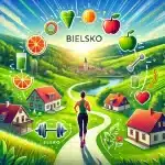 DALL·E 2024-07-05 13.52.45 – A vibrant and motivational illustration promoting healthy weight loss and avoiding the yo-yo effect. The image features a serene landscape in Bielsko,