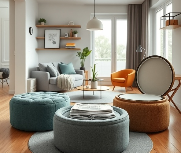 Jaki puf okrągły tapicerowany do kawalerki 25 m2 z pojemnikiem kupić?